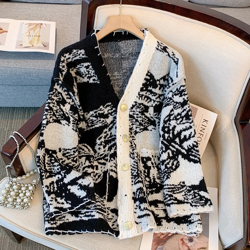 Женский вязаный кардиган с вышивкой Свободный теплый Осень-зима 2023