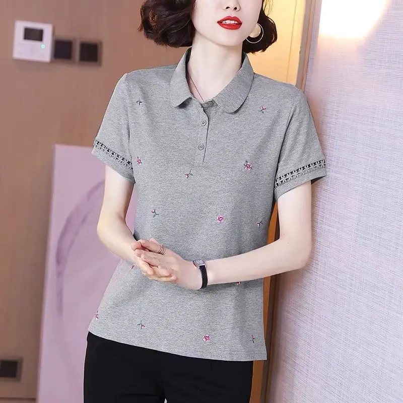 

Pure cotton collar T-shirt female short-sleeved middle-aged mother 2022 simple wild embroidered loose half sleeve jacket female