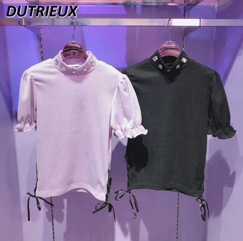 

Japanese Style Casual T-shirt Sweet Cute High Collar Beaded Puff Short Sleeve Tops Waist Belt Slim Fit Casual T Shirt for Women