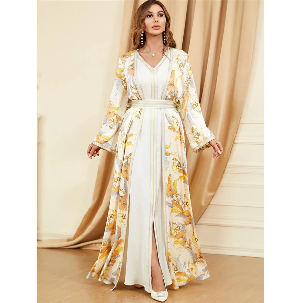 

Марокканское мусульманское женское платье, Abaya, комплект из 2 предметов, мусульманские платья с поясом и принтом, кафтан, Макси-платья, элега...