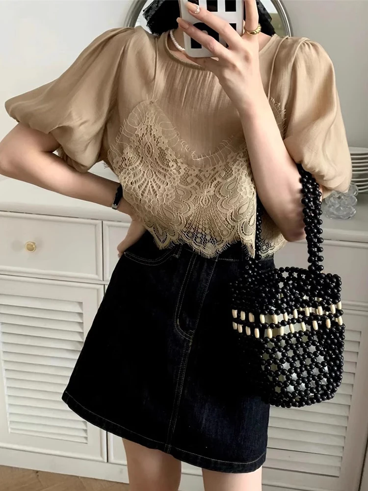 Корейская шикарная летняя имитация двух частей Лоскутная кружевная подтяжка