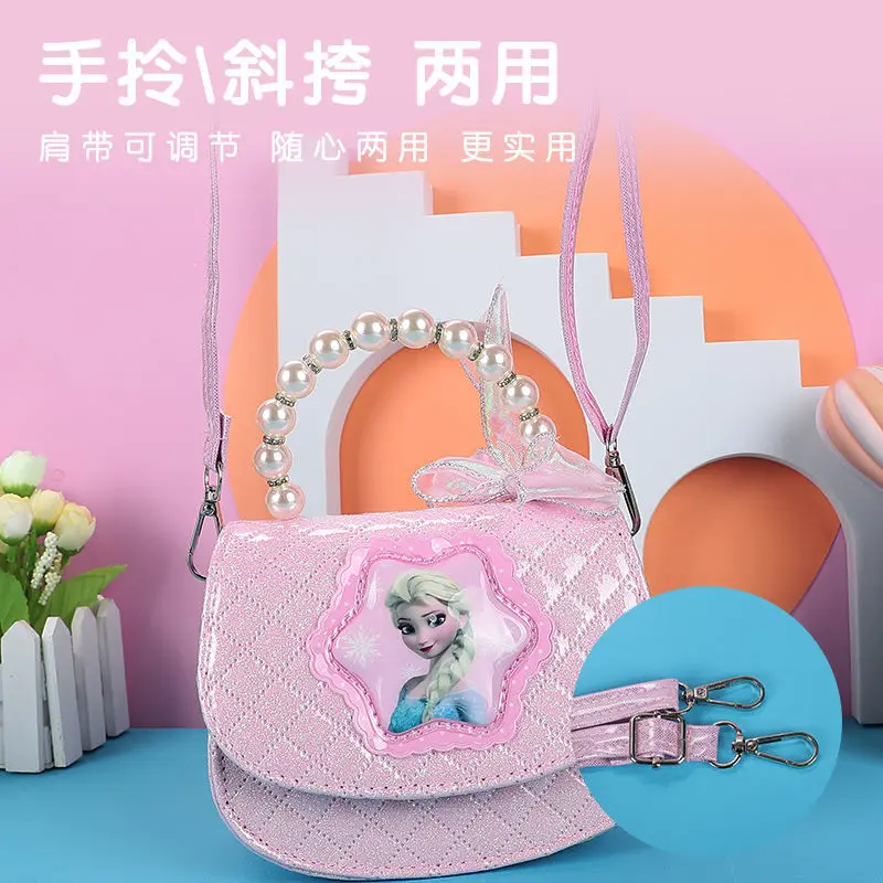 Disney Elsa Princess New PU Children's Cartoon Anime Sweet Messenger Bag Going Out Portable Elegant Pearl Bow Ribbon Handbag