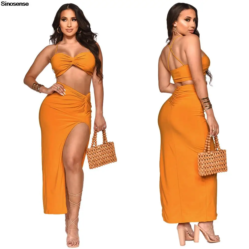 

Женский летний комплект из 2 предметов, сексуальный бюстгальтер с V-образным вырезом, укороченный топ, платья макси с высоким разрезом, комплект с юбкой, облегающая одежда для ночного клуба с рюшами