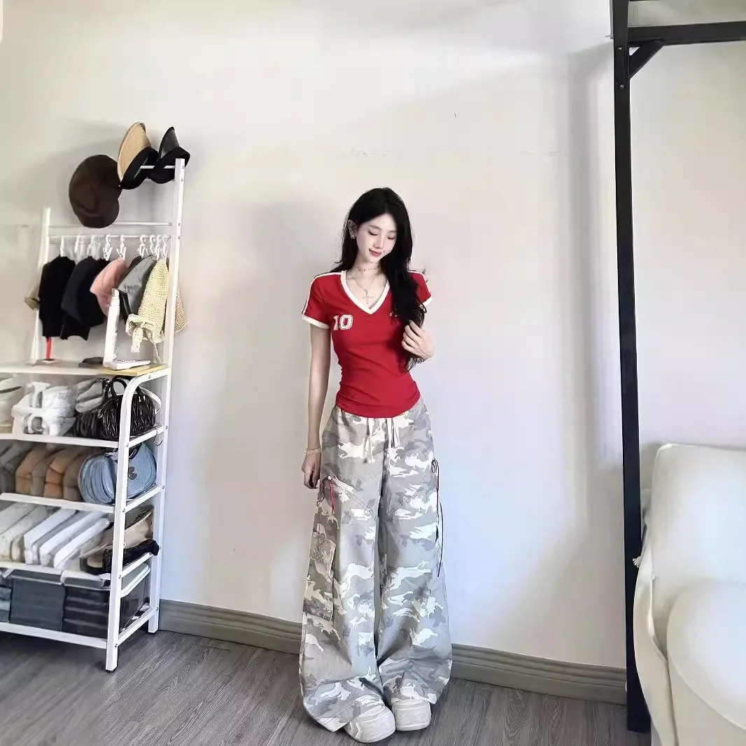 Amei 2024 летняя футболка с v-образным вырезом и для девочек разглаживающая короткими