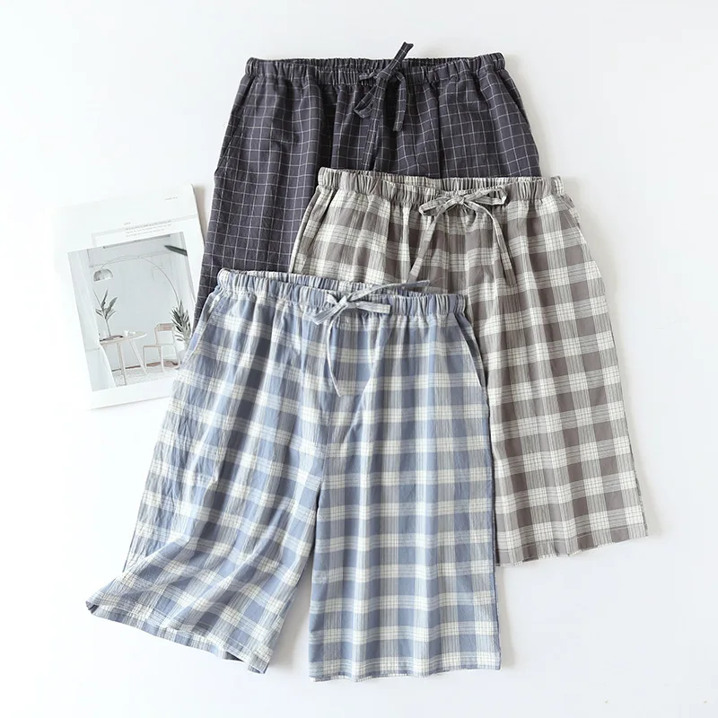 Summer Plaid Mens Sleep Bottoms Nightwear Loose Cotton Sleeping Pants With Pockets Men Leisure Knee-length Sleep Shorts Homewear