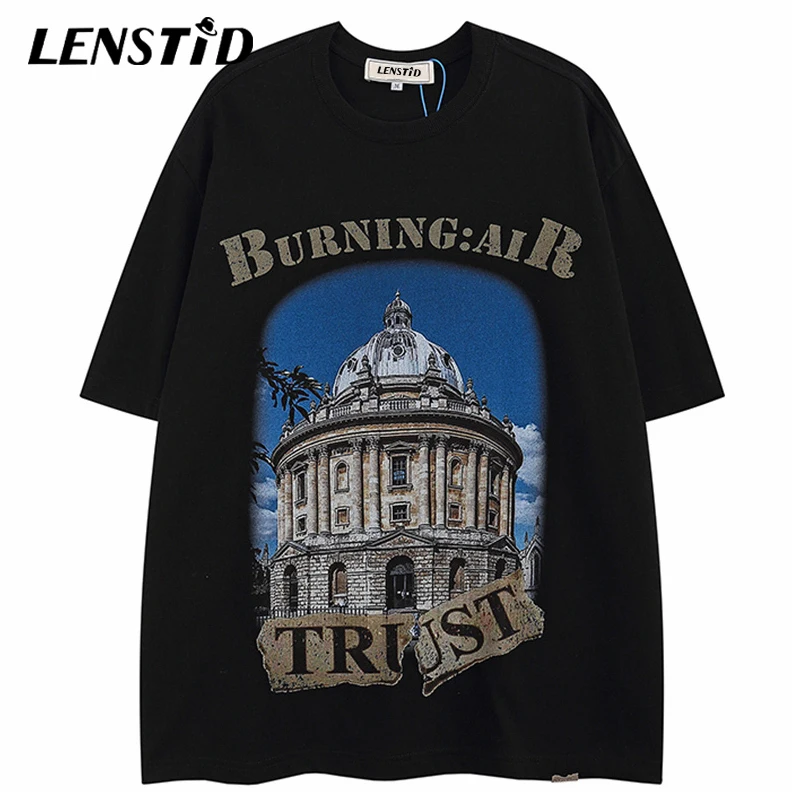 

LENSTID Summer Men Oversize Short Sleeve Tshirts Hip Hop Building Letter Print 2022 Streetwear Harajuku Casual Cotton Tee Shirts