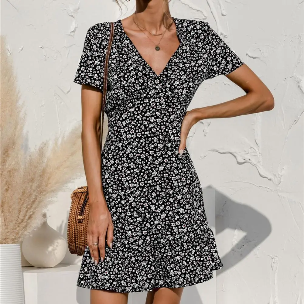 

Floral Print Short Sleeve Short Dress V Neck Ruffle Hem Mini Dress Charming A-line Women Dress Summer Loose Beach Dress 2022