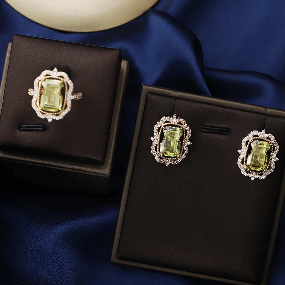 

Top Luxury Olive Green Open Ring Classic Shiny Unique Design Banquet Jewelry Set for Women Cute Girl Gift Wedding Party Ring