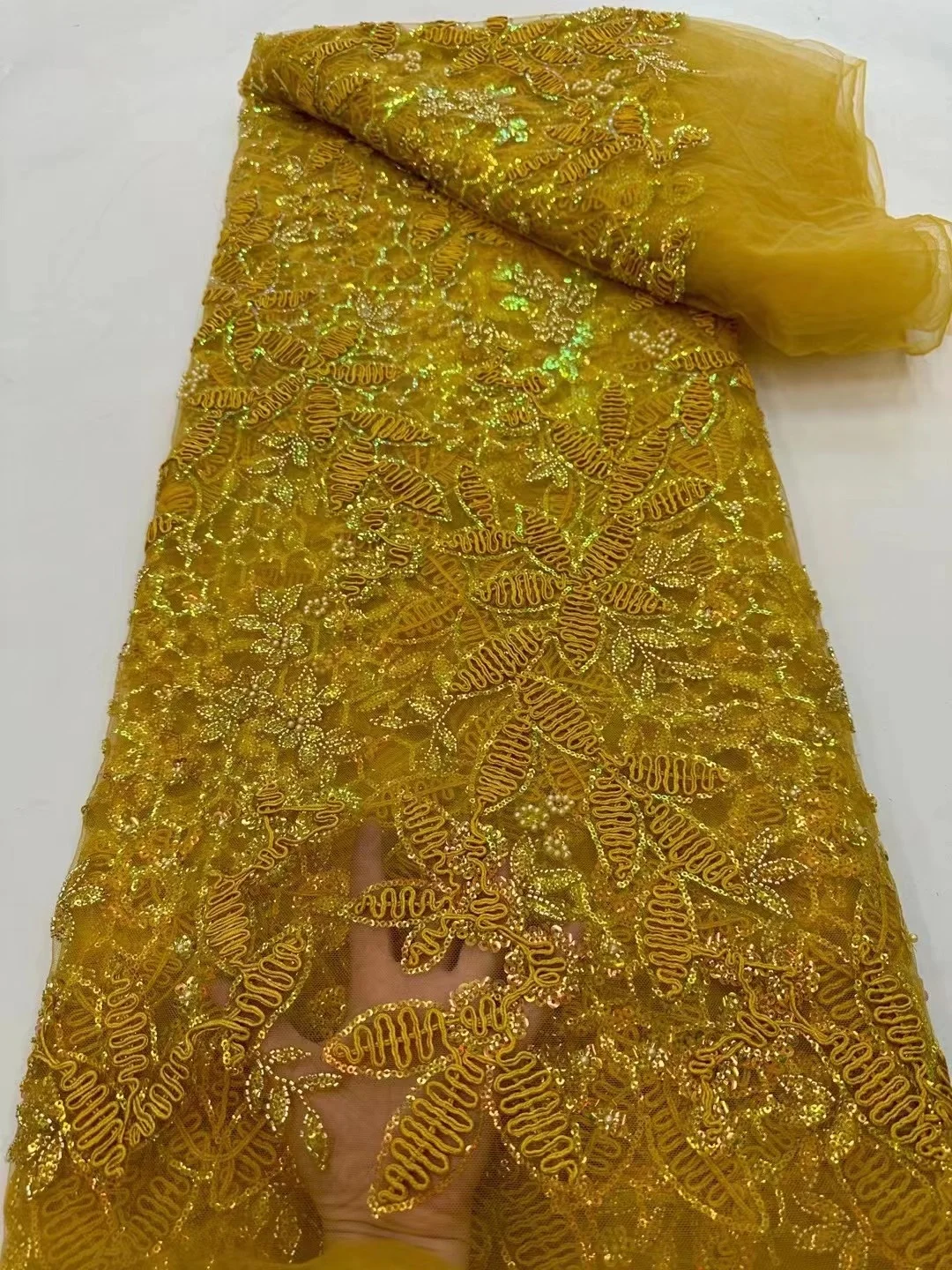 

Gold Lace Fabric Nigeria Beaded Fabric Luxury with Pearls African Lace Fabric for Wedding Party Bridal Lace Fabrics 2023 5Yards