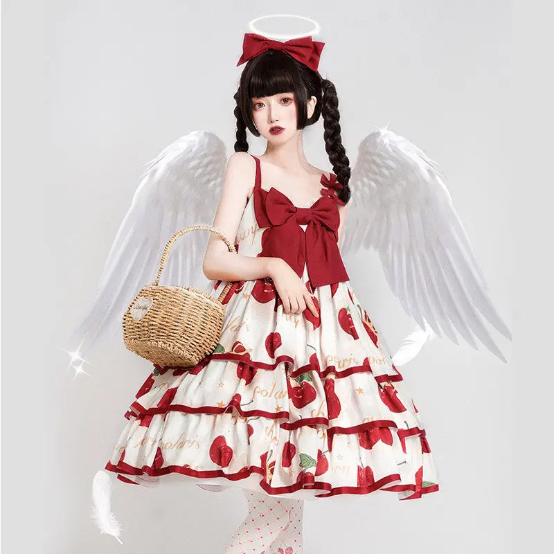 

Lovely Kawaii Lolita Style Cherry Print Princess JSK Dress Square Collar Bow Suspender Ruffle Sleeveless Sweet Camisole Dress