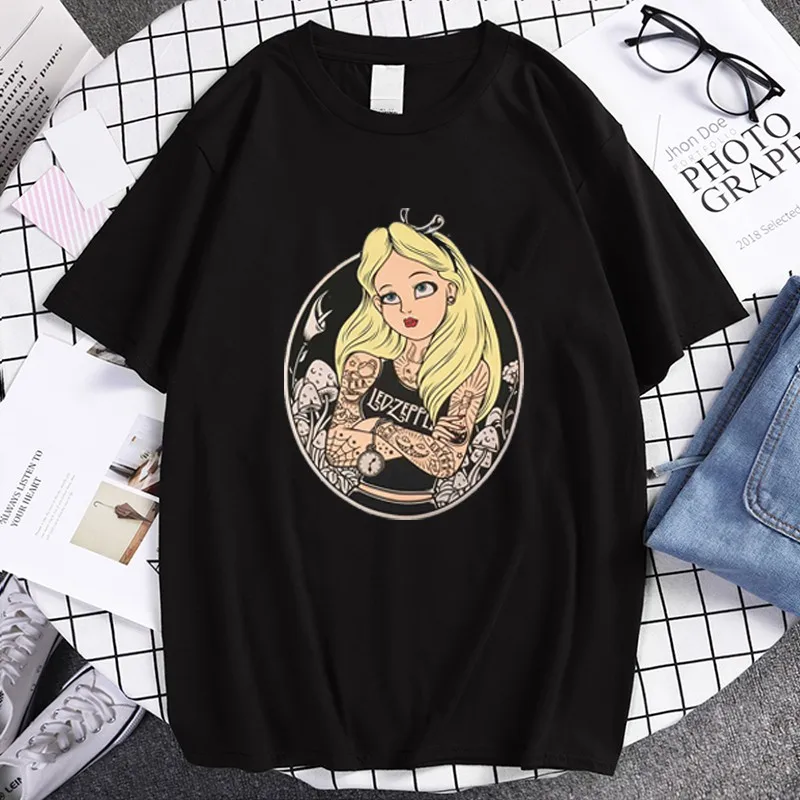 

Alice In Wonderland T Shirt Women Cotton Tops Black Alice Men T Shirt Princess Print Casual Short Sleeve 90s Cute T-shirt Femme