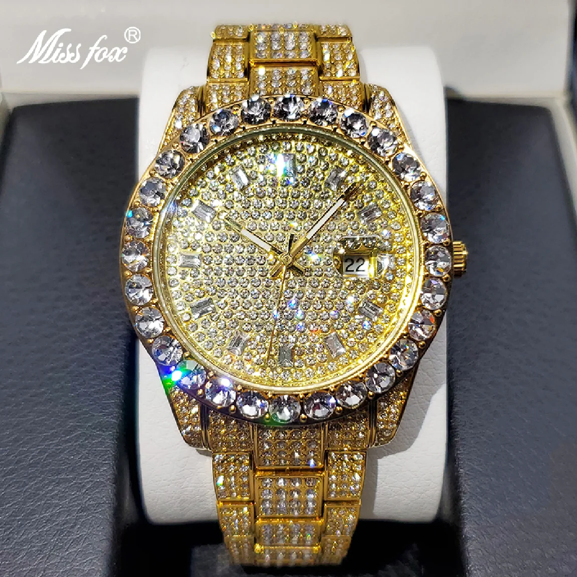 

MISSFOX Men's Watches 18K Gold Full Diamond Luxury Quartz Watch For Man Waterproof Hip Hop Wristwatch Party Jewelly Dropshipping