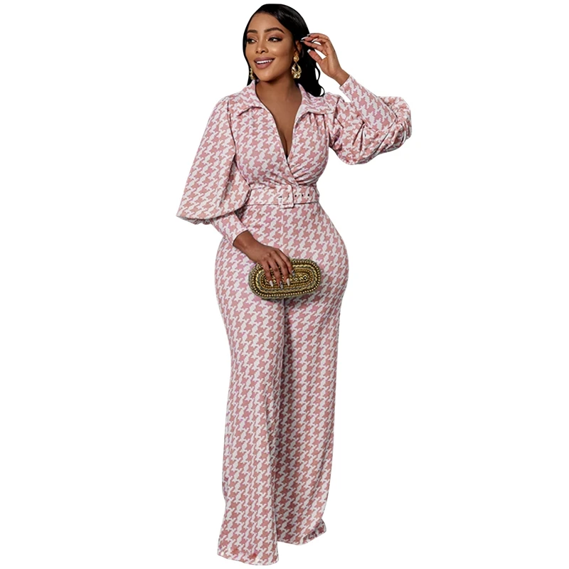 

STYLISH LADY Boyfriend Style Printed 2 Piece Set Shirt and Pant Set 2022 Women Puff Sleeve V Neck Wide Leg Elegant OL Outfits