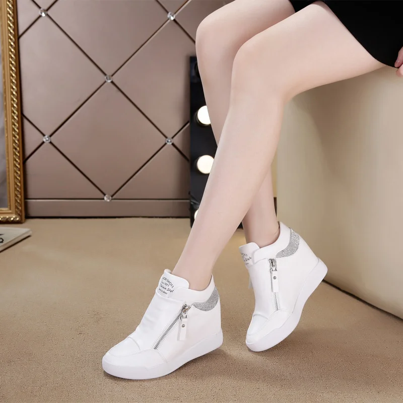 White Black Wedge Platform Shoes Women Sneakers 8CM Hidden Heels Shoes Woman Fashion Casual Sneaker Ladies Leather Shoes