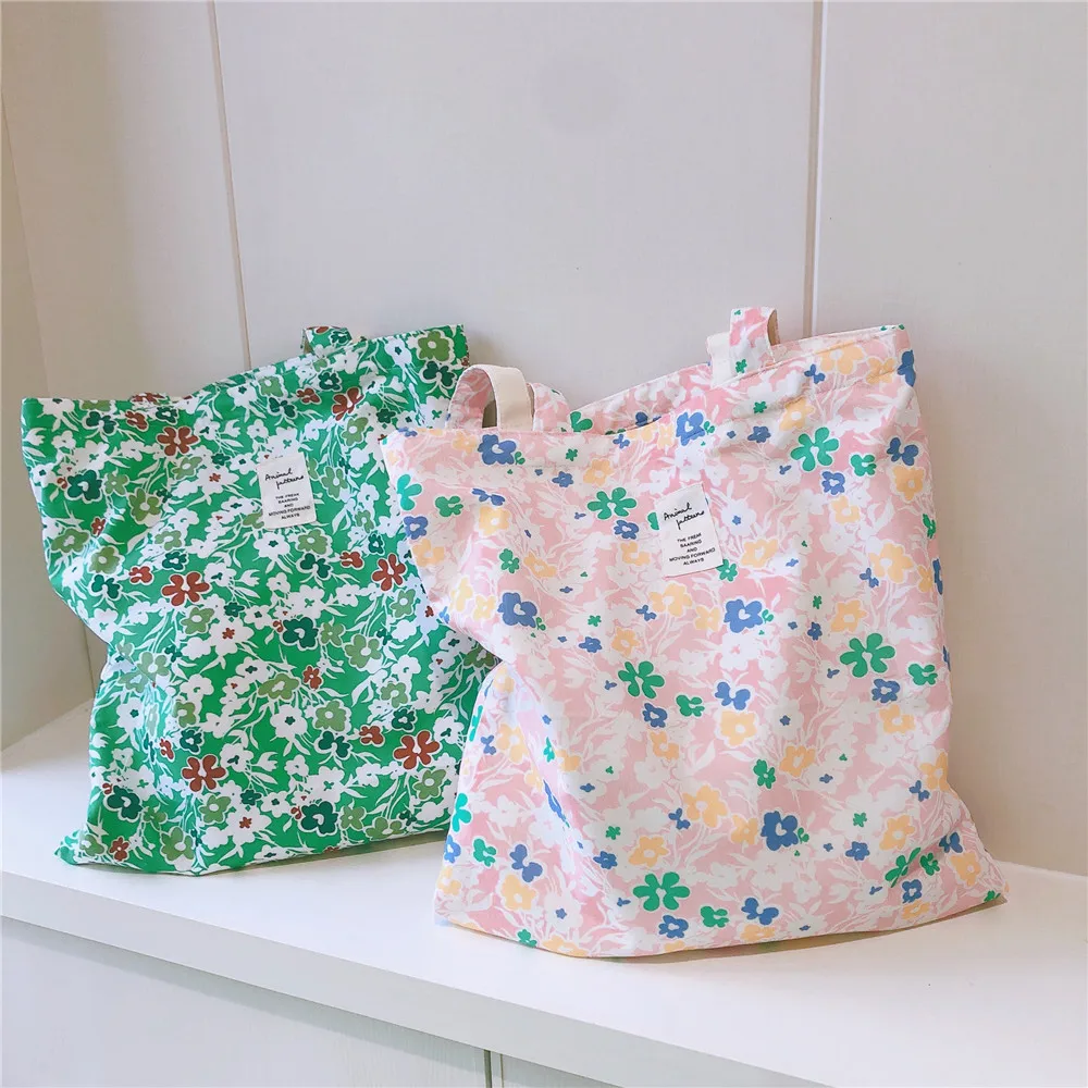 

Reusable Female Cotton Floral Book Beach Tote Bag Summer Shopper Shopping Bags For Groceries Open Pocket Shoulder Bags For Girls