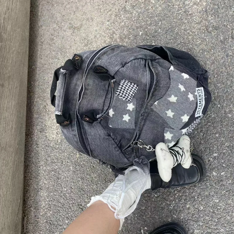 

MBTI Vintage Y2k Backpacks for Women Star Patchwork Plaid Denim Gradient Backpacks Student Cute Retro Ladies Brand Fashion Bag