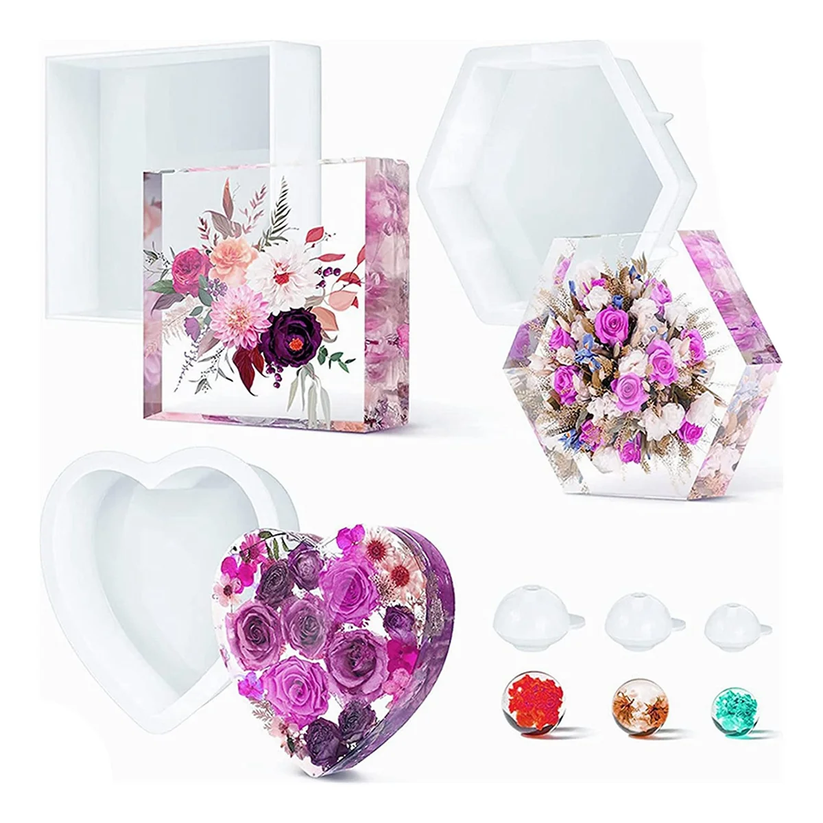 

Upgrade Epoxy Silicone Molds, Resin Molds Kit for Flowers Preservation Deep Square Hexagon Heart Silicone Molds