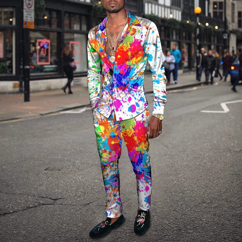 Spring Autumn Men Shirt + Pants 2 Piece Set Fashion Brand 3D Ink Dye Graph Suit Slacks European Size S-4XL Men's Clothing