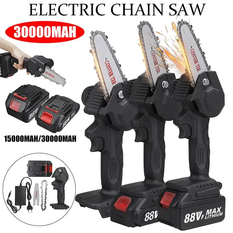 

800W 88V 4 Inch Mini Electric Chain Saw With 2Pcs Battery Woodworking Pruning Chainsaw One-handed Garden Logging Saw Power Tool