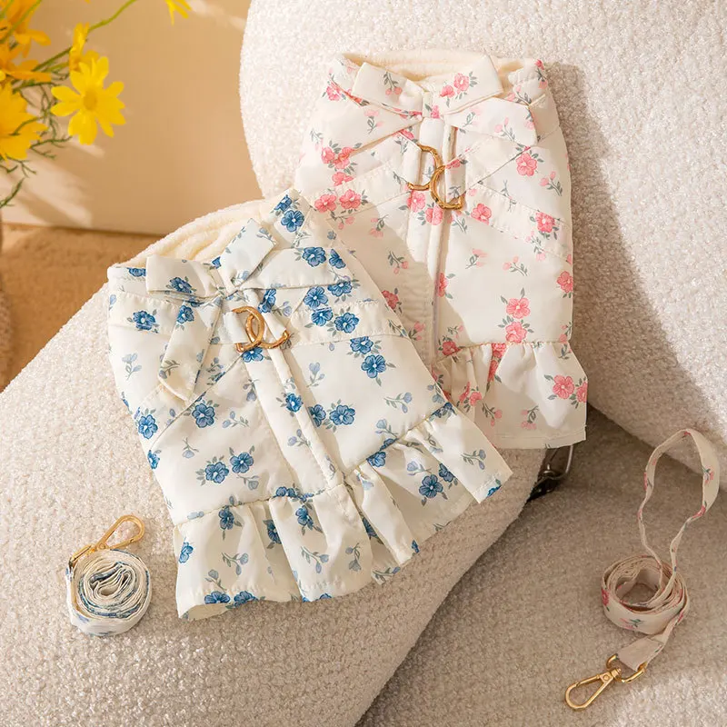 

Платье с бантом и цветочным рисунком, одежда для собак, Флисовая теплая корейская модная одежда для маленьких собак, одежда для щенков, зимн...