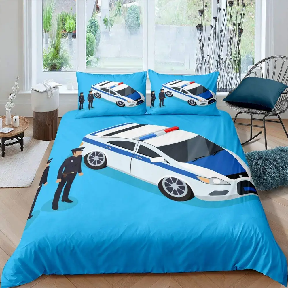 

Police Car Duvet Cover Cartoon Set Car Blue Grey Responder Vehicles Polyester Quilt Cover with Pillowcases King Size Emergency