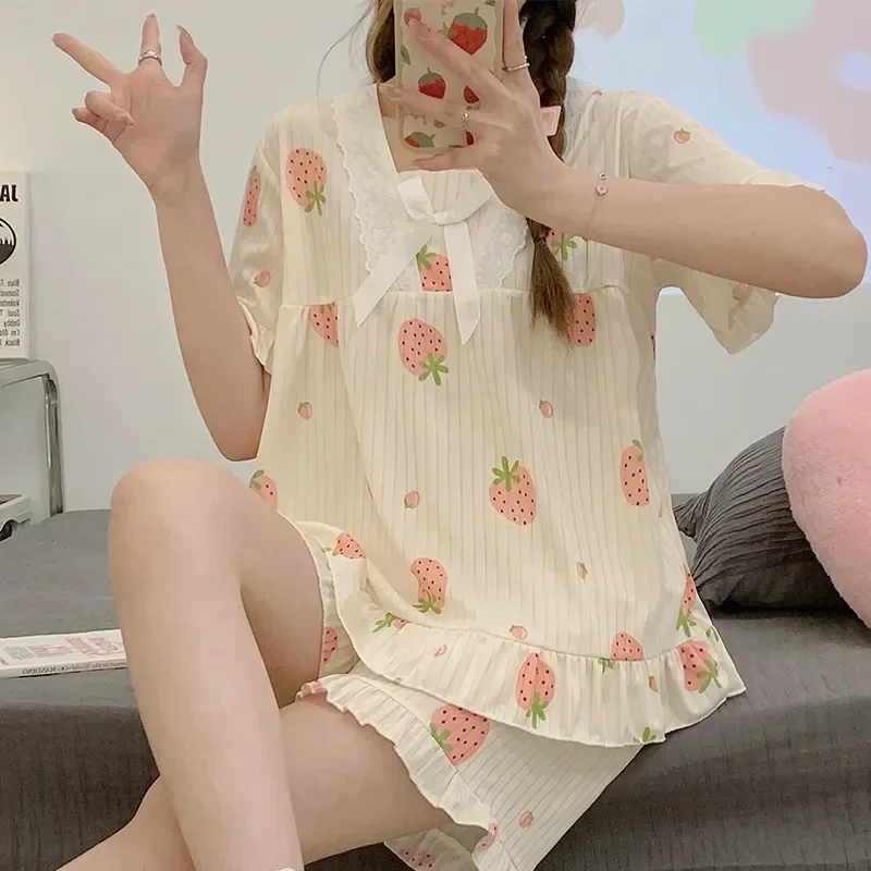 Пижамный комплект Женский Летний большого размера с принтом в виде сердечек