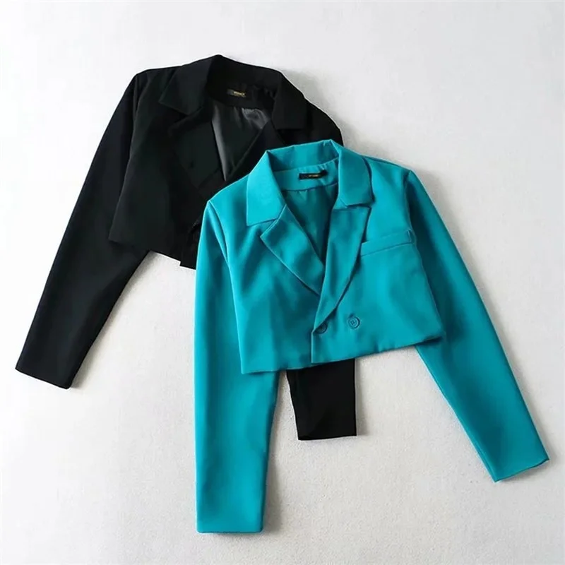 Casual Short Blazer Suit Women Simple Solid Colors Double Breasted Blazer Y2k Girl Cute Fashion Jacket Office Commute Clothing