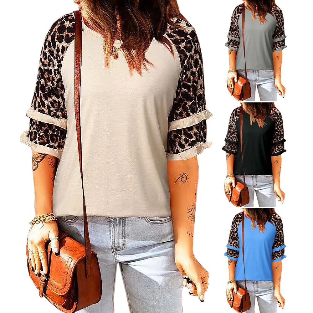 

2022 Summer New Blouse Leopard Print Loose Casual Tops Five-Point Sleeve Round Collar T-shirt For Women