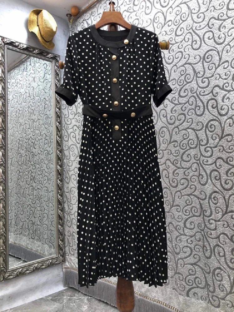 

New 2022 Summer Style Dress Women Polka Dot Print Button Deco Short Sleeve Mid-Calf Length Casual Black Cotton Dress Pleated
