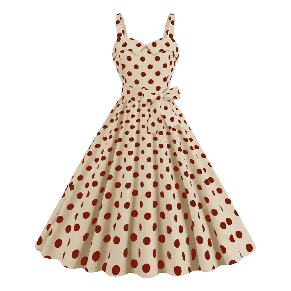 

Halter Dress Retro A-line Swing Dot Print Dress Vintage 50s Style with Contrast Color Elastic Bust Backless Design A-line