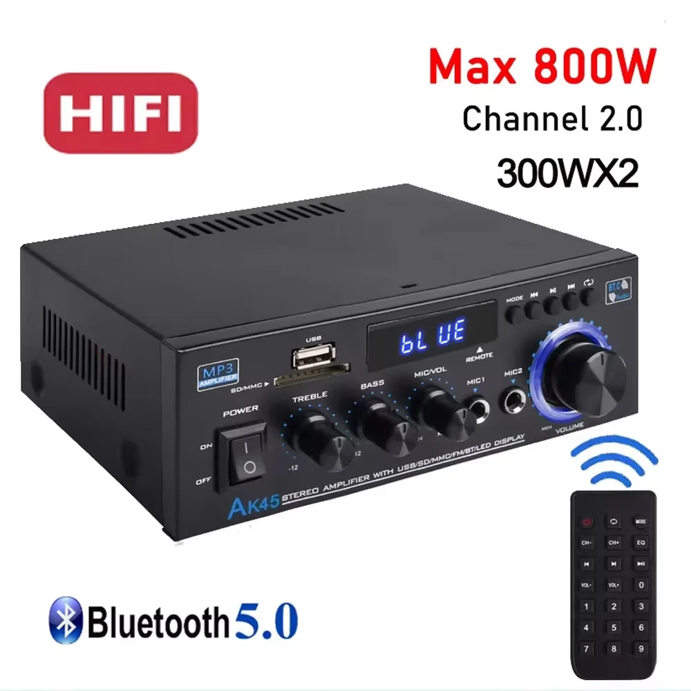 Фото AK45 HiFi цифровой усилитель Bluetooth MP3 канал 2.0 звуковой усилитель с поддержкой 90 В-240 В для домашнего автомобиля (MAX 300 Вт * 2) USB SD микрофонный вход №4