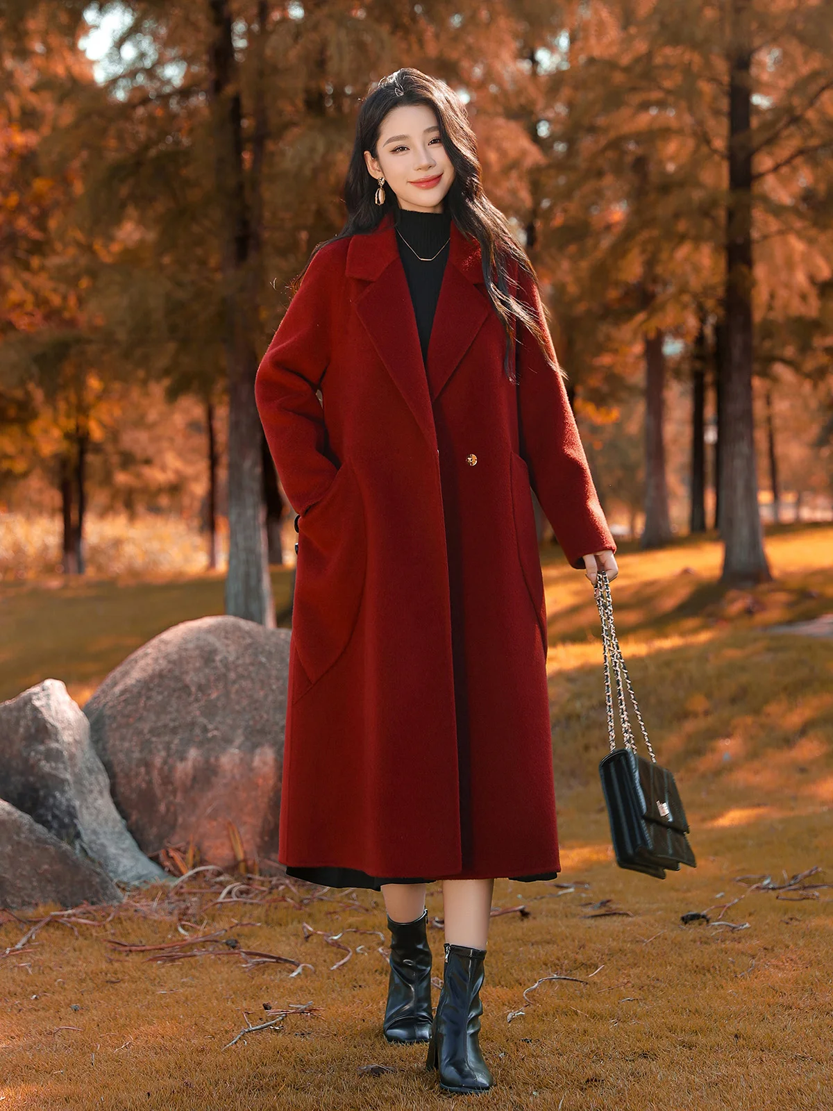 Красное ангорское двустороннее кашемировое пальто в стиле ретро женское средней