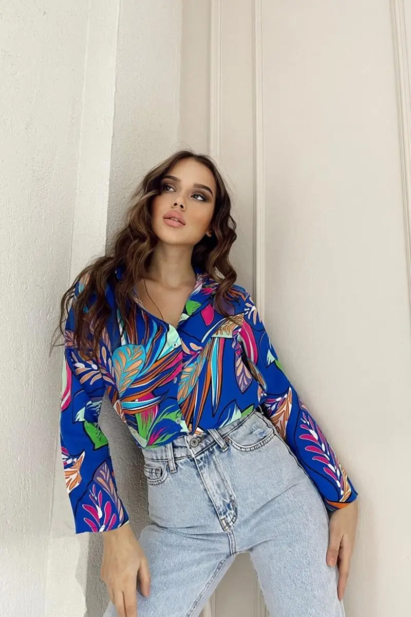 

Women's sax patterned sleeves folded Regular Fit woven shirt