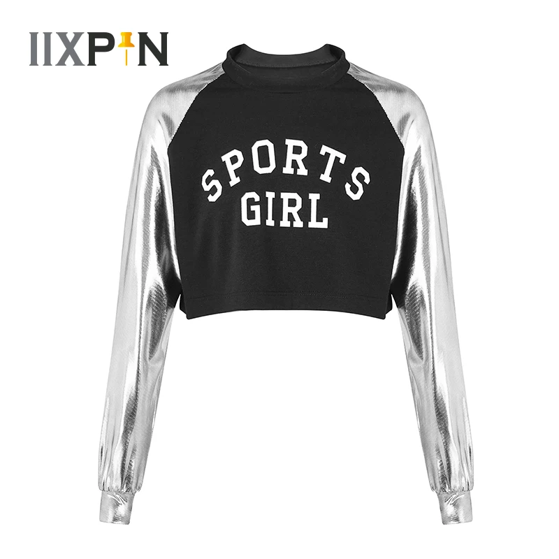 Детский Блестящий металлический танцевальный Топ с длинным рукавом для девочек