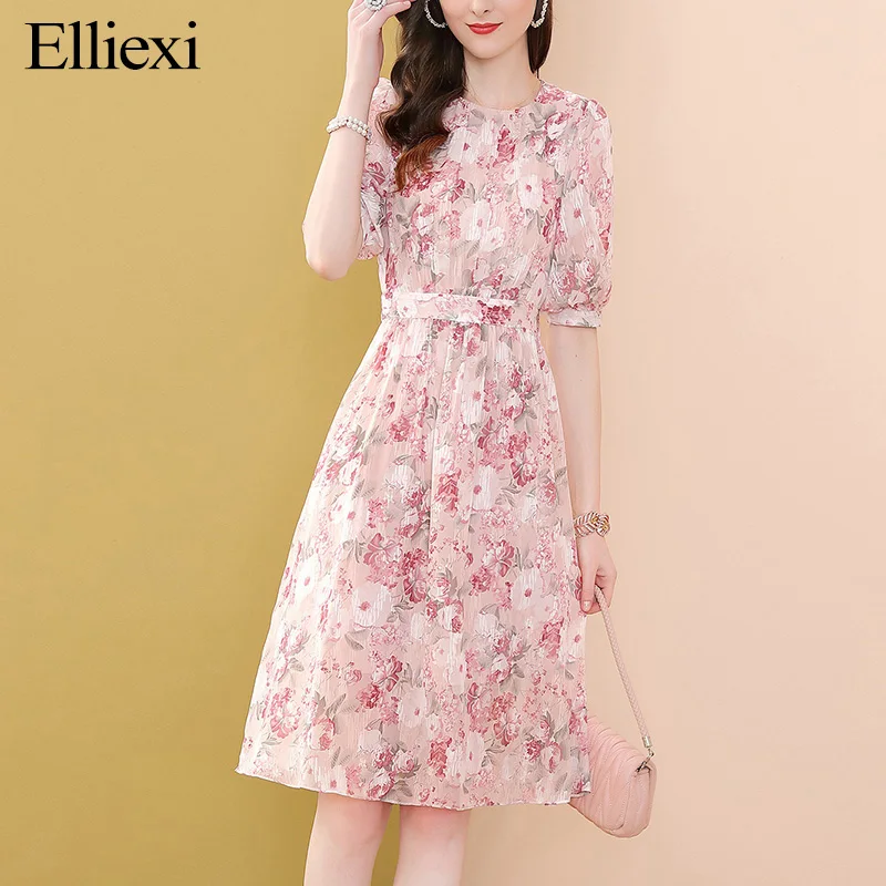 

Elliexi Women Chiffon Print Floral Dress Women Summer 2022 New Fashion Elegant Folds Dresses O-neck A-line Sweet Vestidos
