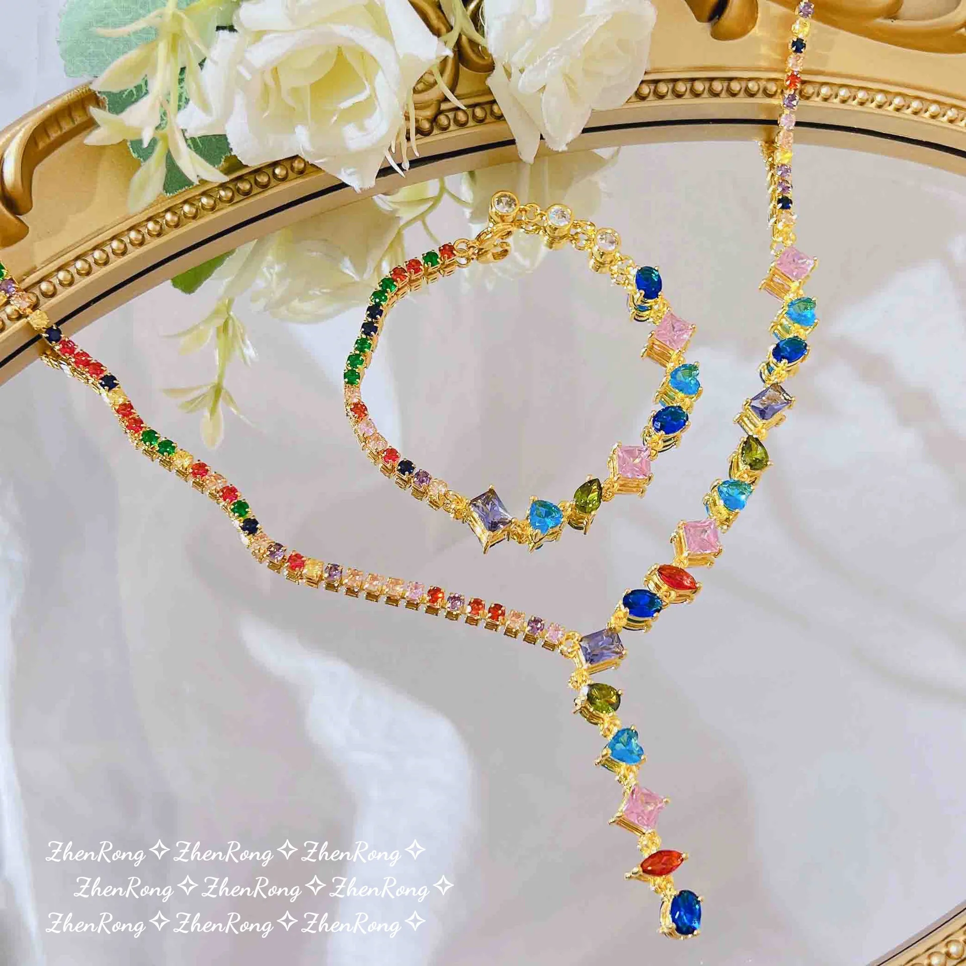 

High Quality Luxury Exquisite Color Artificial Tourmaline Bracelets Y-shaped Necklaces Gold Plated Jewelry Sets For Women