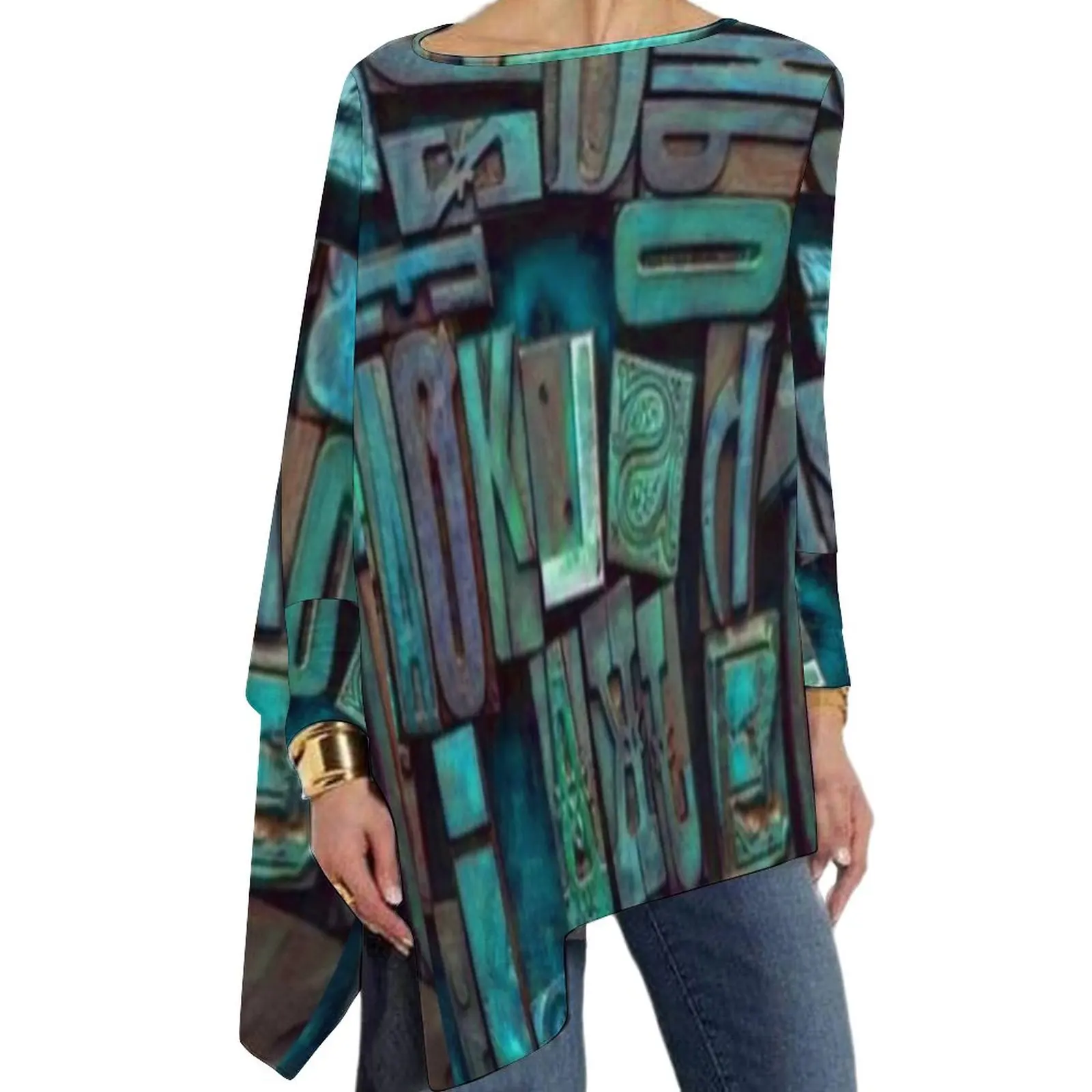 

Футболка женская с абстрактными буквами, винтажная Свободная Повседневная рубашка с длинным рукавом и принтом деревянных надписей