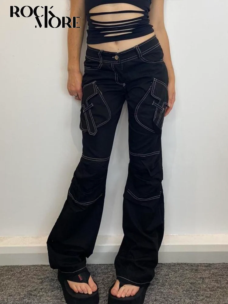 

Rockmore Chic Design Low Waist Cargo Pants for Women Streetwear Hippie Pocket Trousers Y2K Vintage Bottoms femme pantalones