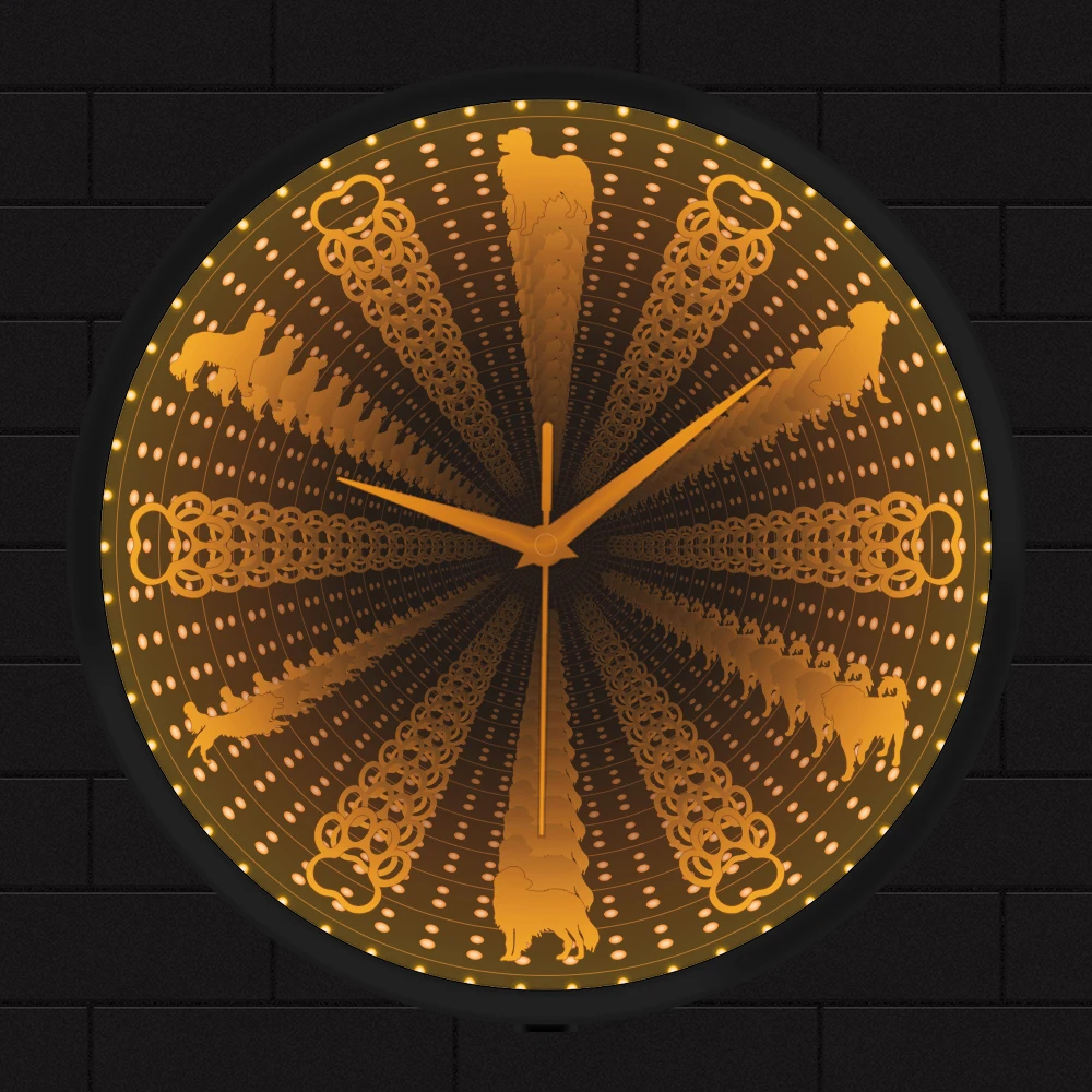 

Kooiker Dutch Dog Breed Vortex Tunnel Interstellar Mirror Wall Clock Kooikerhondje Puppy Paws LED Illusion Watch For Pet Shop