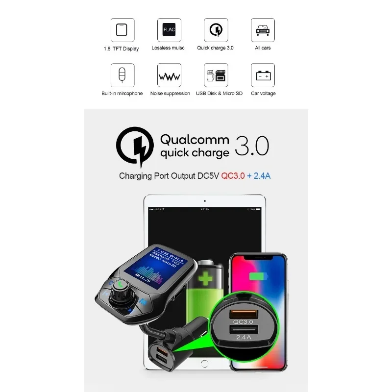 FM-трансмиттер автомобильный с Bluetooth и mp3-плеером 1 8 дюйма