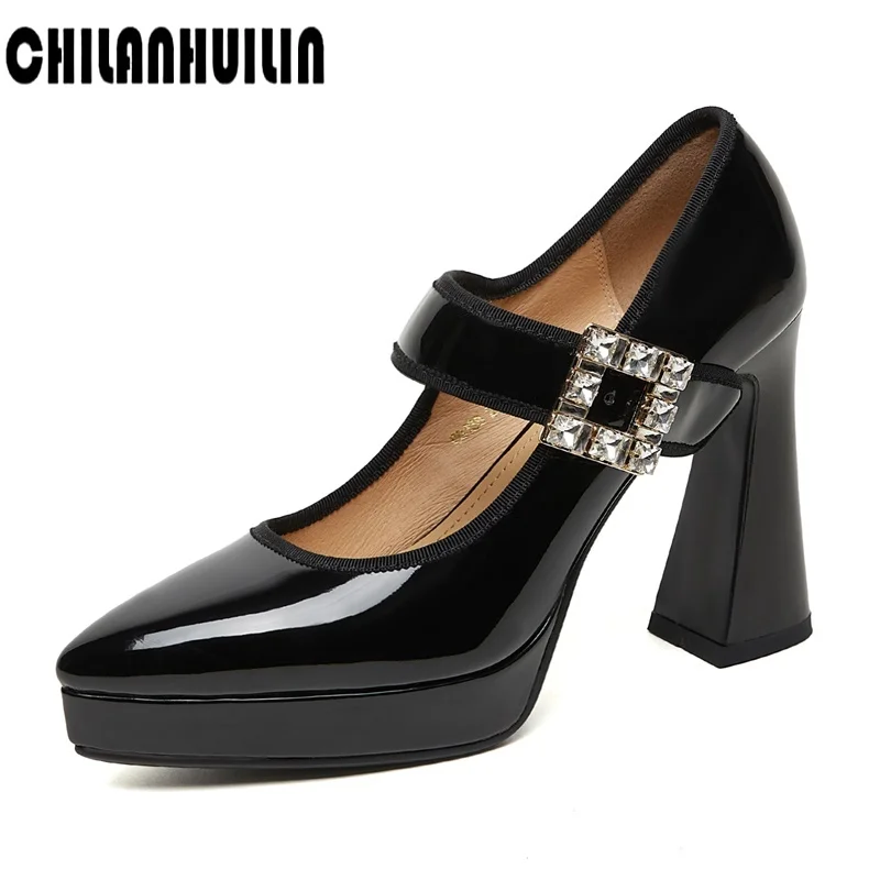 black nude crystal buckle banquet pumps women shoes pointed toe shoes woman thick high heels party wedding OL lady shoes pumps