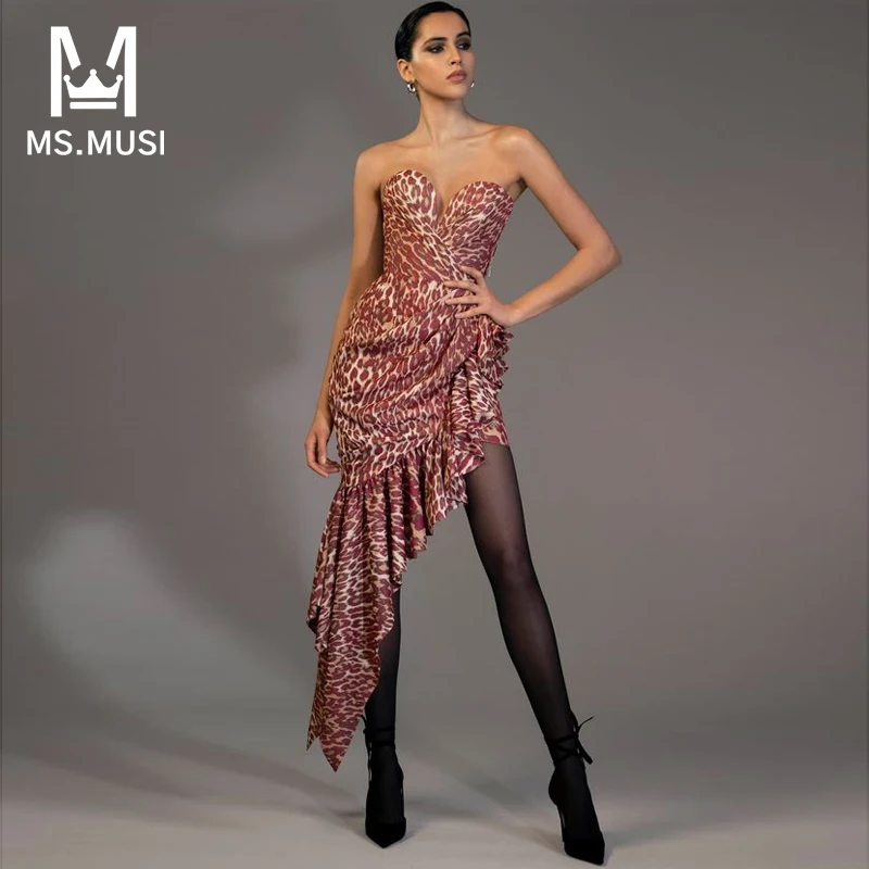 MSMUSI New Fashion Women Sexy Leopard Strapless Ruffles Falbala Lace Mesh Draped Fold Sleeveless Bodycon Party Club Midi Dress