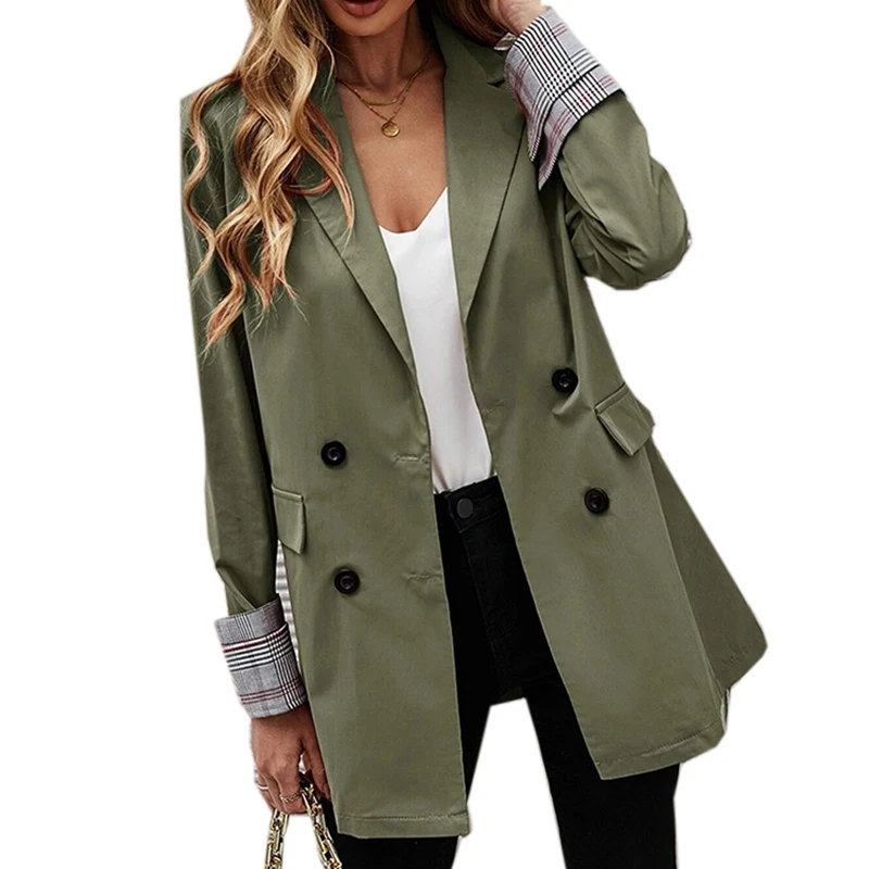 Fashion Blazers for Women Jackets 2023 New Spring Summer Office Ladies Long Coats Notched Double Breasted Outerwear Black Khaki