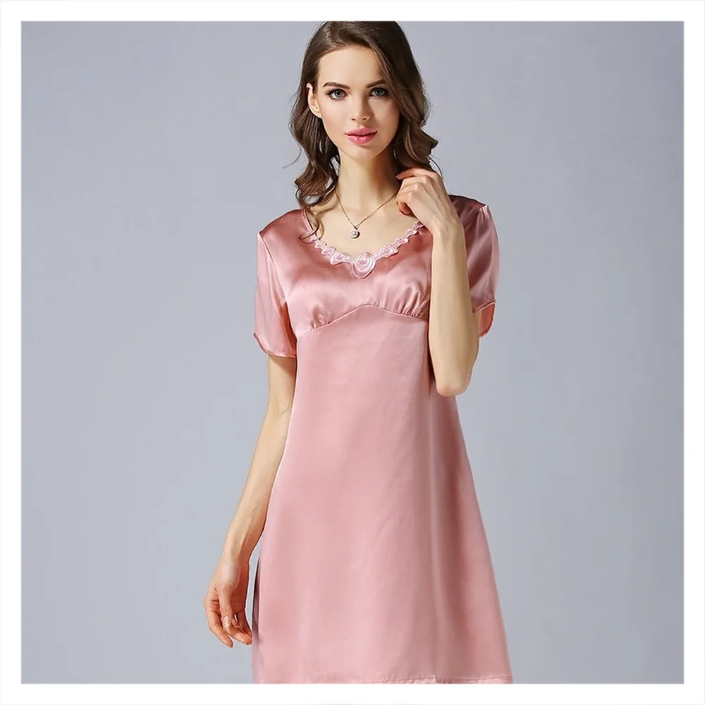 Women's 2023 Spring/Autumn Silk Pajamas 100%Natural Mulberry Silk Short Sleeved Nightdress Noble Silk Home Clothes Pajamas