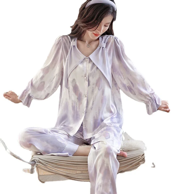 2023 Spring and Autumn Tie-dye Long-sleeved Home Service Bowknot Pajamas Set High-end Ice Silk Pajamas Women
