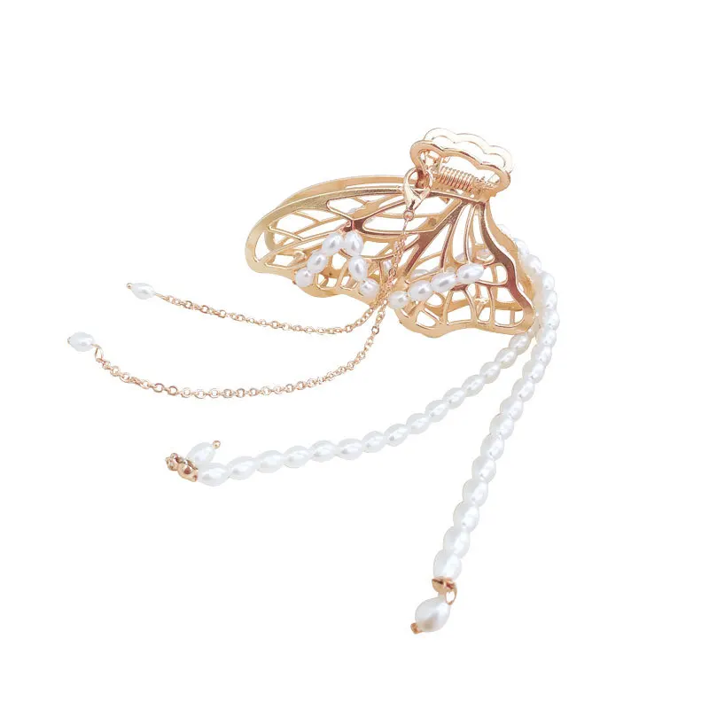 

Elegant Luxury Hollow Sweet Golden Plated Butterfly Vintage White Simulated Pearl Beads Pendant Tassel Headwear For Girls