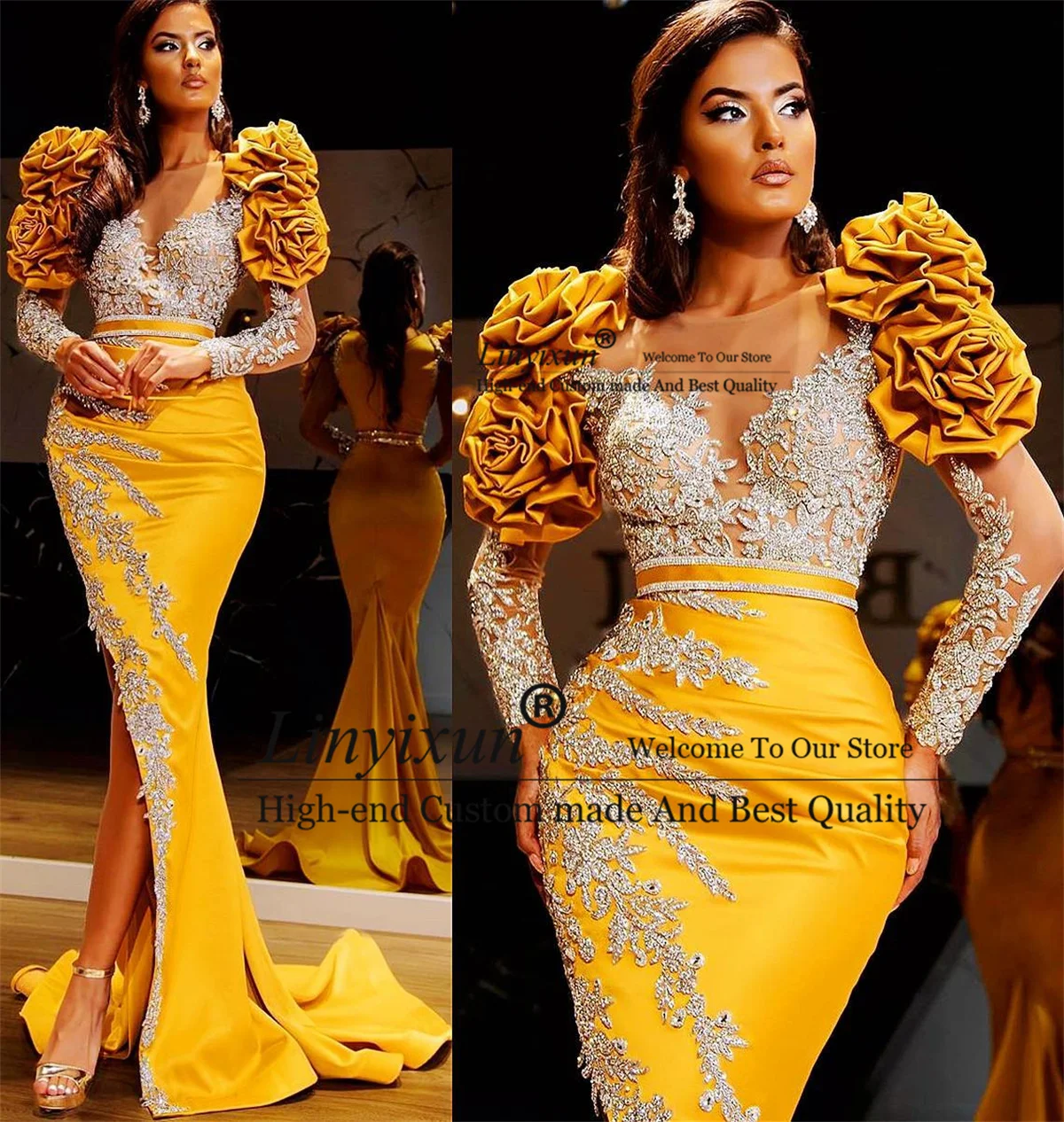 

Arabic Aso Ebi Yellow Sparkly Mermaid Prom Dresses Sheer Neck Sequined Evening Party Gown Formal Court Train robes de soirée