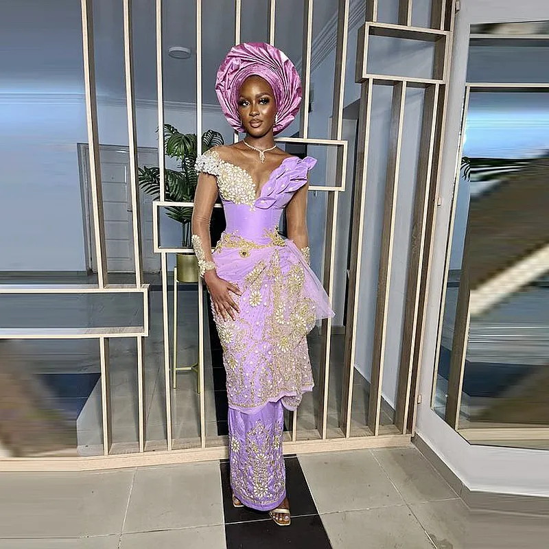 

Lavender Mermaid Evening Dresses With Illusion Long Sleeves Major Beads Pearls Scoop Floor Length Aso Ebi Prom Dress