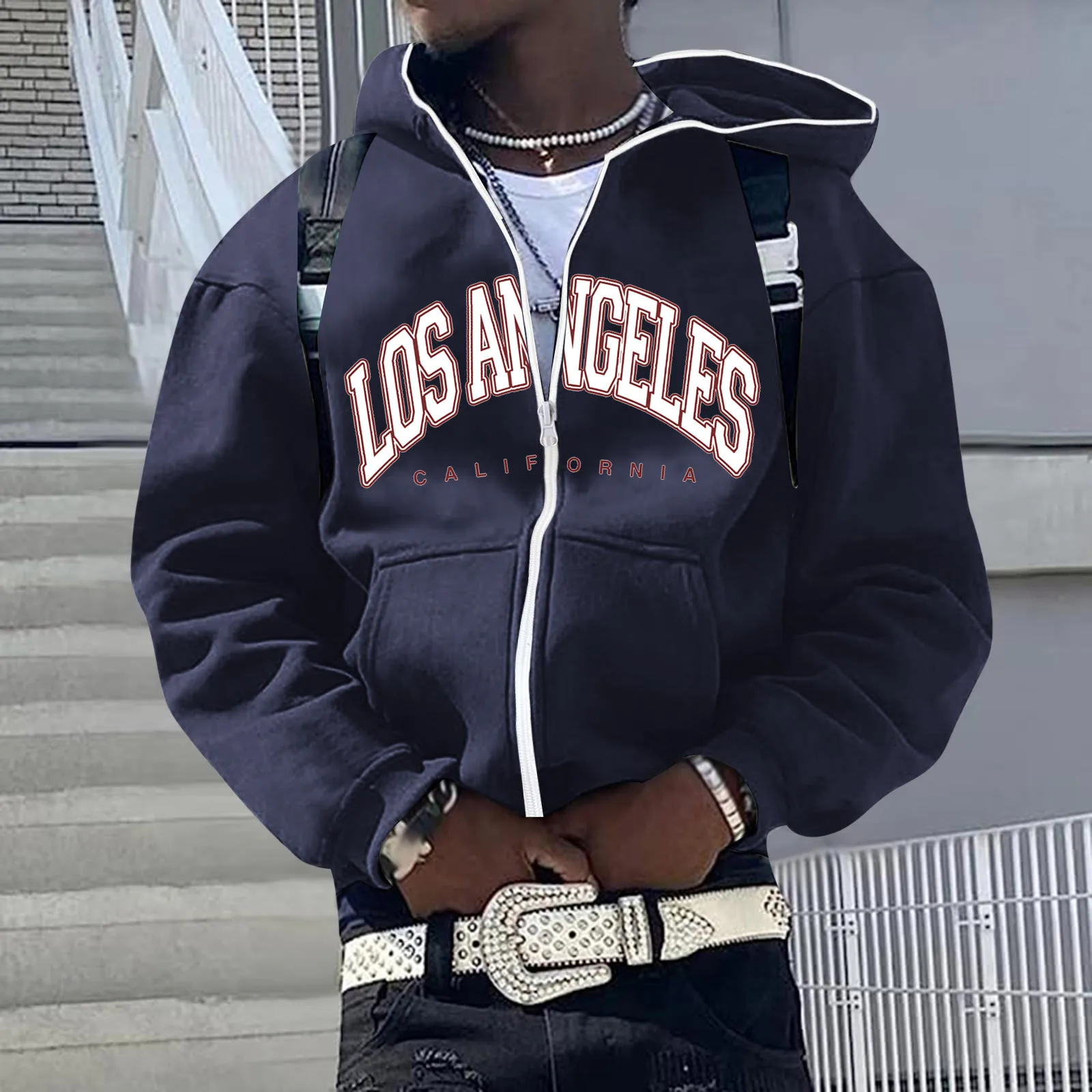 

Los Angeles Hooded Sweetshirts Coat Casual Hip Hop Hooded Sweater European And American Personality Embroidery Zip Jacket Coat