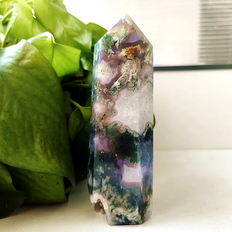 

Natural Moss Agate Crystal Tower Sorcerer Meditation Spiritual Healing Feng Shui Ward Off Evil Crystal Home Decoration